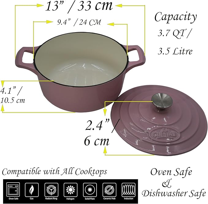 La Cuisine Enameled Cast Iron Dutch Oven Casserole Dish Pot with Lid, 3.7 QT 9.5" /24cm Dia. Cream White Enamel Coating Interior, Pink, Oven-Safe, Induction Cooktop Compatible