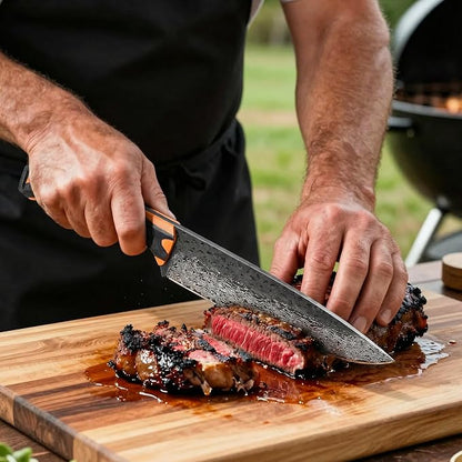 Topfeel 8 Inch Damascus Chef Knife, Professional Kitchen Knife with Japanese VG10 Steel Core, Black Forged Kitchen Knives with G10 Handle, Gifts for Men Women