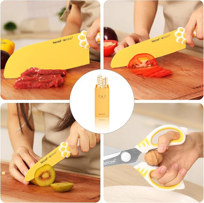 hecef Cute Kitchen Knife Set, Dishwasher Safe, 5-piece Non-Stcik Knives Set with Detachable Block and Scissors,Sharp Kitchen Knives for Chopping, Slicing, Dicing and Cutting (Yellow)