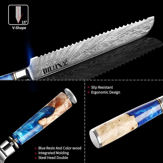 XITUO Damascus Serrated Bread Knife - VG10 Serrated Knife for Homemade Bread - Japanese Blue Resin & Wooden Handle - Slicer Knives for Sourdough Baguette - with Gift Box