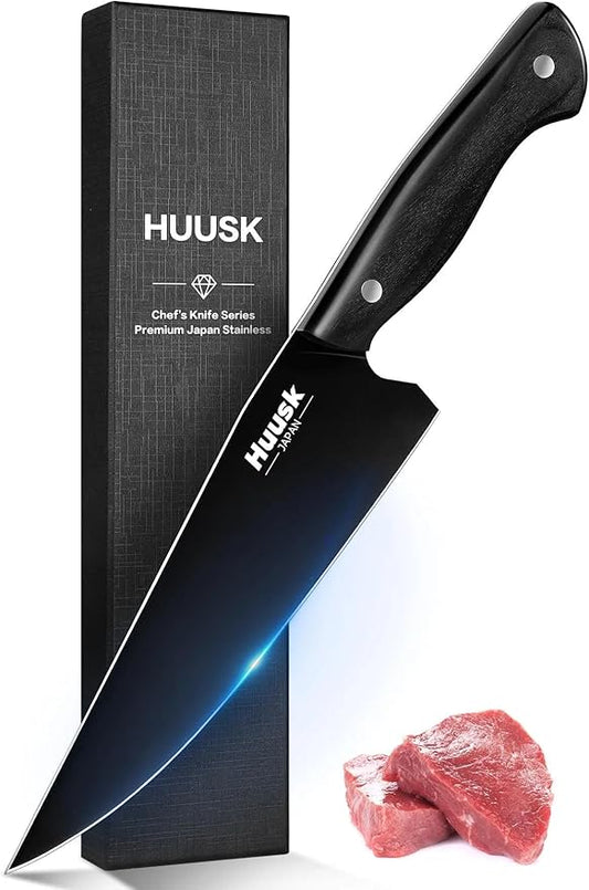 Huusk Japanese Chef Knife for Kitchen - 8in Stainless Kitchen Knife with Black Titanium Coating, All Purpose Cooking Knives for Vegetable & Meat Cutting, Ultra Sharp Gyuto Knives, Men's Gift