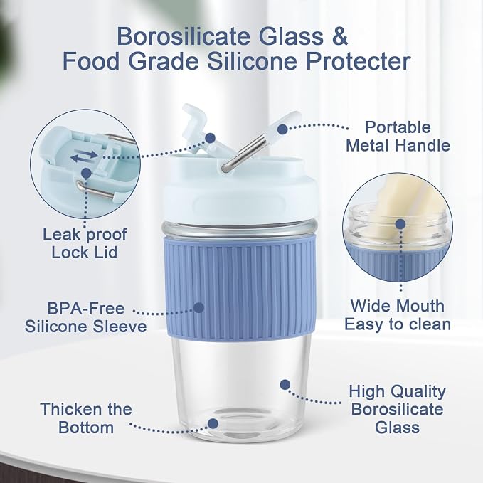 Sivaphe Reusable Glass Coffee Cup 16 oz, Portable Travel Mug with Spill-Proof Lid and Protect Sleeve for Home Office Blue