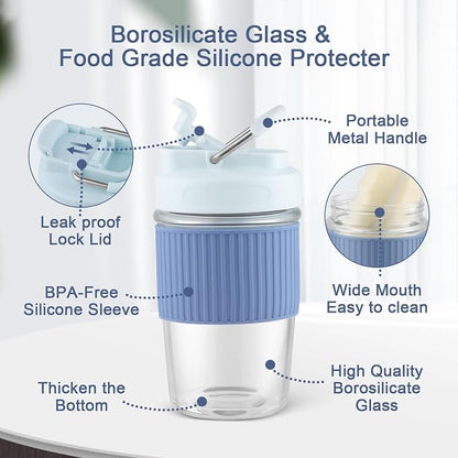 Sivaphe Reusable Glass Ice Hot Coffee Cup 12 oz, Portable Travel Mug with Spill-Proof Lid and Thermal Sleeve for Home Office Blue