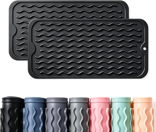 2 Pack Caketime Silicone Dish Drying Mat for Kitchen Counter Easy to Clean Quick Dry Near Faucet Under Sink Bathroom Vanity Tray Small Gadgets Rack Home Decor Essentials 12"x6" Black
