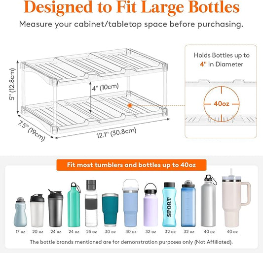 Lifewit Stackable Bottle Storage Organizer, Clear Freestanding Wine Holder for Cabinet, Large Slot Water Bottle Tumbler Cup Organizer for Pantry, Plastic Wine Rack for Fridge Cellar, 2Tier Hold 6