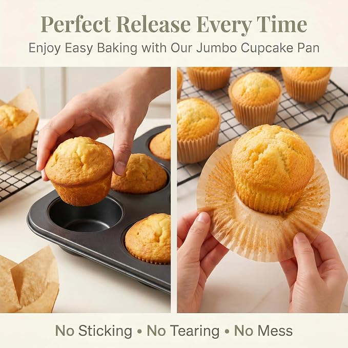 Jumbo Muffin Pan 2 Pack, Extra Large Muffin Tin 6 Cup Includes 100 Jumbo Cupcake Liners, Nonstick Carbon Steel Giant Cupcake Pans for Baking, Breakfast & Party Cupcake Tin