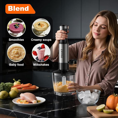 Immersion Blender Handheld 1200W, 20-speeds Immersion Hand Blenders, Hand Mixer with Mining Beaker,Chopper,Whisk, Frother and Stick Blender Suitable for Kitchen, Protein Shakes and Baby Food (Silver)