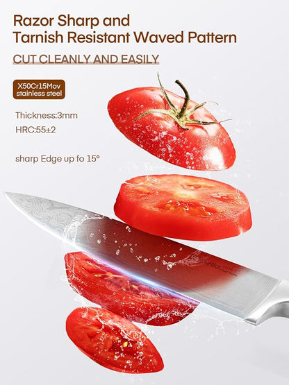 Knife Set, D.Perlla 8 Pieces Kitchen Knife Set with Built-in Sharpener, HIgh Carbon German Stainless Steel Knife Block Set with Unique Waved Pattern, Non-slip Handle, White
