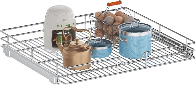 Pull Out Cabinet Organizer, 28.5" W x 21.5" D, Heavy Duty Chrome Slide Out Shelf for Wide Base Cabinets, Sliding Wire Basket Drawer for Pots, Pans, Appliances & Pantry Storage
