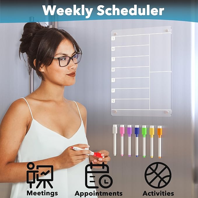 Neatsure Acrylic Magnetic Meal Planner Menu Board for Kitchen Fridge w/ 8 Markers, Clear Refrigerator Weekly Dry Erase Calendar Planning Noteboard to Do/Grocery/Shopping List/Chore Chart/, 12"x9"
