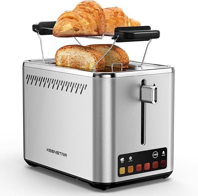 KEENSTAR Touch Screen 2-Slice Toaster with 6 Browning Levels, Bagel, Defrost & Timer, Wide 1.5" Slots, Removable Crumb Tray, 900W Stainless Steel Smart Toaster for Bagels, Breads & Waffles