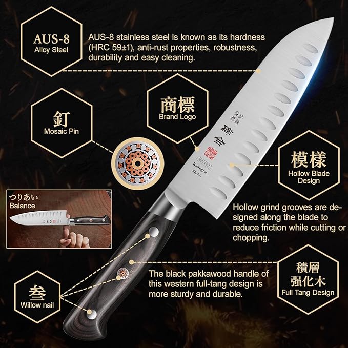 kanngou 7 Inch Santoku Knife, Japan AUS-8 Alloy Steel Japanese Knife with Full-Tang Black Pakkawood Handle, Vegetable Chopping Knife with Premium Gift Box (Classic Series)