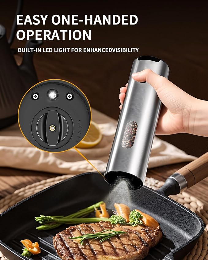 CIRCLE JOY Electric Salt and Pepper Grinder Set, Stainless Steel Rechargeable Pepper Mill Set with Charging Base, 110ML Top-Fill, Adjustable Coarseness, LED Light, One-Hand Operation, Gift Idea