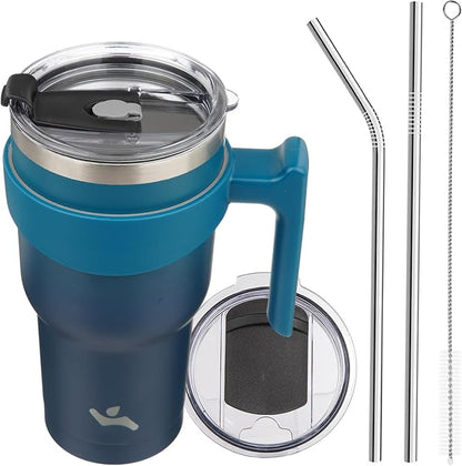 Konokyo 30 oz Tumbler with Handle and 2 Straw 2 Lid, Insulated Water Bottle Stainless Steel Vacuum Cup Reusable Travel Mug,Indigo Black