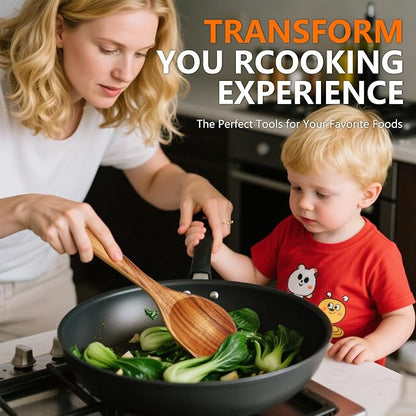 Wooden Spoons for Cooking, Natural Teak Wood Spoon and Spatula, Heat Resistant Non Scratch Utensils for Nonstick Pans, Large Cooking Spoons with Good Grip for Stirring, Serving, Salad
