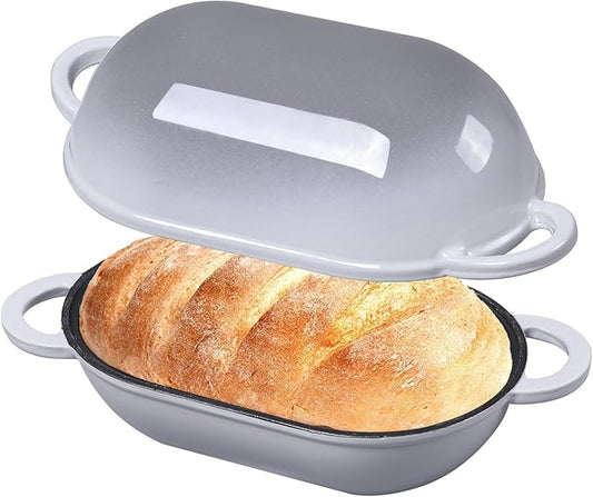 Enameled Cast Iron Sourdough Bread Oven, 5 QT Loaf Cast Iron Bread Pan with Lid, Oval Dutch Oven for Homemade Bread Baking, Meatloaf Pan with Lid (Light Gray)
