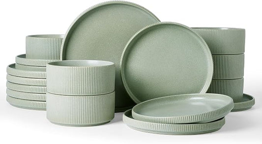 Famiware Star 18-Piece Reactive Glaze Plates and Bowls Sets, Service for 6 - Stoneware Dinnerware Set, Modern Rustic Ribbed Dishes, Chip/Scratch Resistant, Microwave/Dishwasher Safe, Matte Sage Green