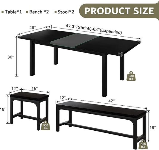 iPormis 5-Piece Dining Table Set for 4-8 People, Extendable Kitchen Table Set with 2 Benches and 2 Square Stools, Mid-Century Dining Room Table with Metal Frame & MDF Board, Saving Space, Black
