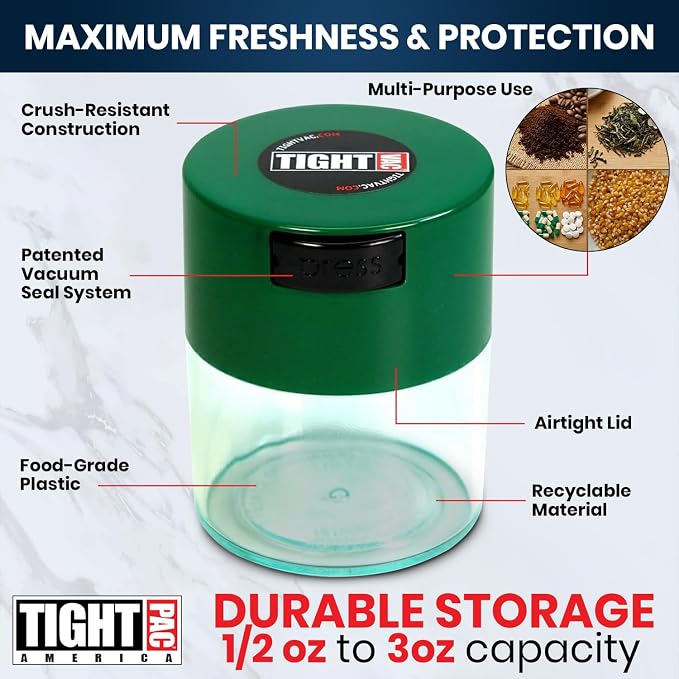 Tightvac - Premium Airtight Herb Storage Container - Holds ½ oz to 3 ounces - Keep Your Herbs and Dry Goods Fresh and Flavorful. Clear Green