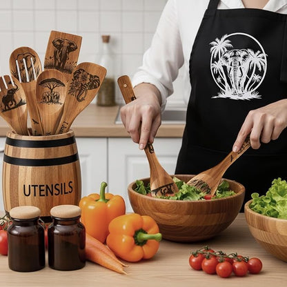 Remerry 6 Pcs Elephant Gifts for Women Elephant Kitchen Gift Set with Acacia Cooking Spoons Apron Christmas Kitchen Cooking Utensils Set for Christmas Mother's Day Housewarming Gift