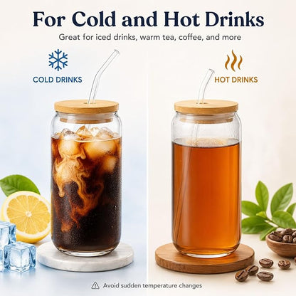 Glass Cups with Lids and Straws Set of 12, 16 oz Can Glasses with Bamboo Lids and Glass Straws, Iced Coffee Cups for Coffee Bar, Cocktails, Summer Parties, Family Gatherings and Housewarming