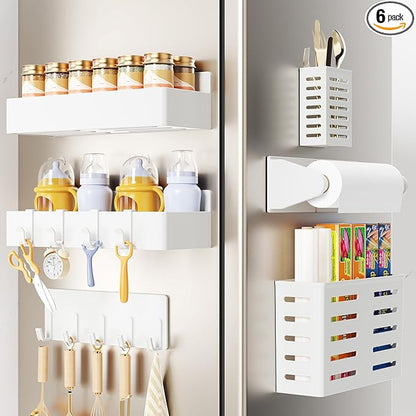 Magnetic Spice Rack for Refrigerator,6 Pack Magnetic Shelf,Fridge Magnet Organizer with Paper Towel Holder,Utensils Racks,Hook Rack,Deepened Basket,Fridge Organizers and Storage White(6 Pack)