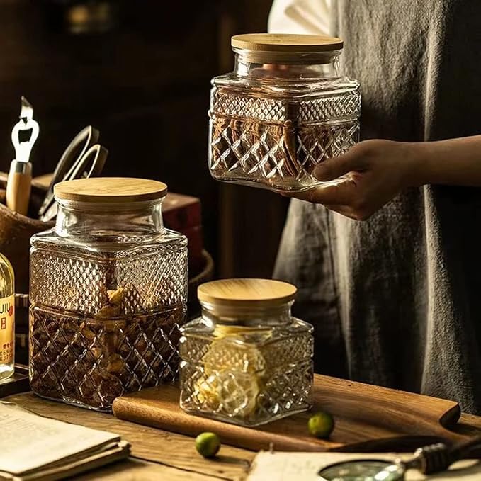 Glass Storage Jars Vintage Embossed Canisters Food Cereal Storage Containers with Bamboo Lid, Decorative Jars for Kitchen Counter,Pantry,Set 3-Piece Glass Jars in 60oz/40oz/20oz (Square)