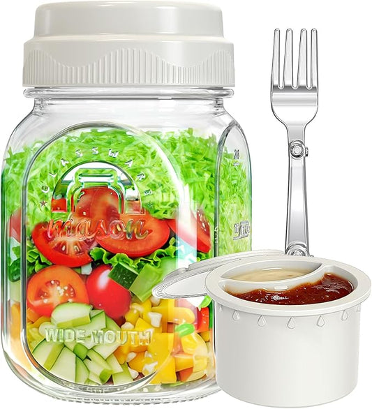 [UPGRADE] 1 Pack Glass Salad Jar with Silicone Divider Container for Meal Prep, Airtight Container for Lunch w Fork, Divider Separation for Dressing & Dry Ingredients, 32oz Overnight Oats Mason Jars