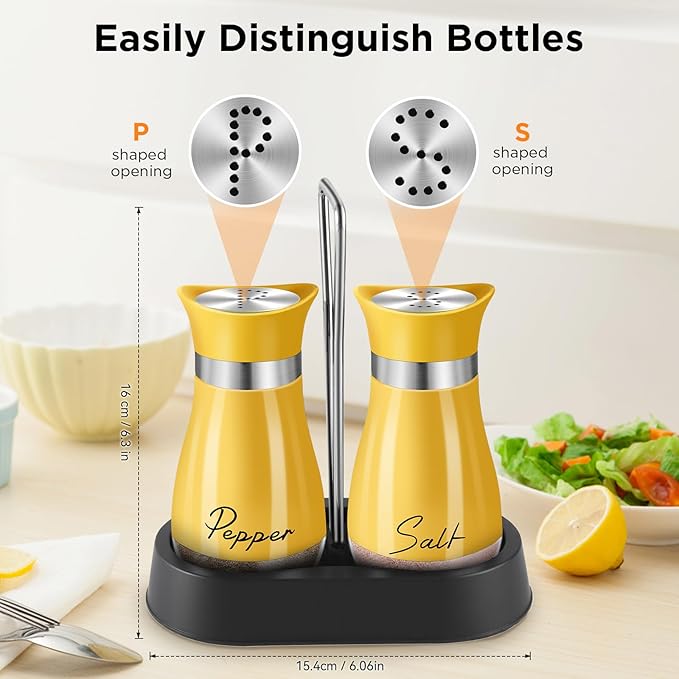 Salt and Pepper Shakers, Farmhouse Salt and Pepper Shakers Set with Holder, electroplated Handle, 4 oz Stainless Steel Glass Bottle Dispenser, for Table, RV, Camp, BBQ (Yellow)