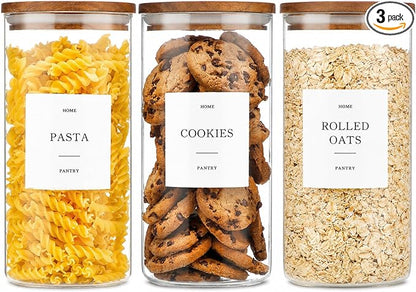 Set of 3 Glass Pantry Jars with Acacia Wood Lids, 45oz Airtight Glass Kitchen Canisters with 105 Labels, Clear Pantry Storage Containers for Coffee, Sugar, Oats, Pasta, Cookies