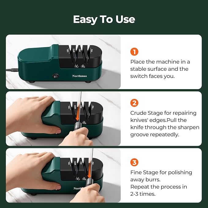 Northmas Knife Sharpener, Professional Electric Knife Sharpener for Home Use, 2 Stages for Quick Sharpening & Polishing, 100V-240V Global Voltage Design, Green