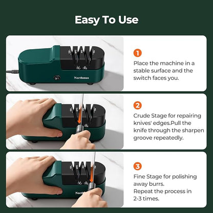 Northmas Knife Sharpener, Professional Electric Knife Sharpener for Home Use, 2 Stages for Quick Sharpening & Polishing, 100V-240V Global Voltage Design, Green