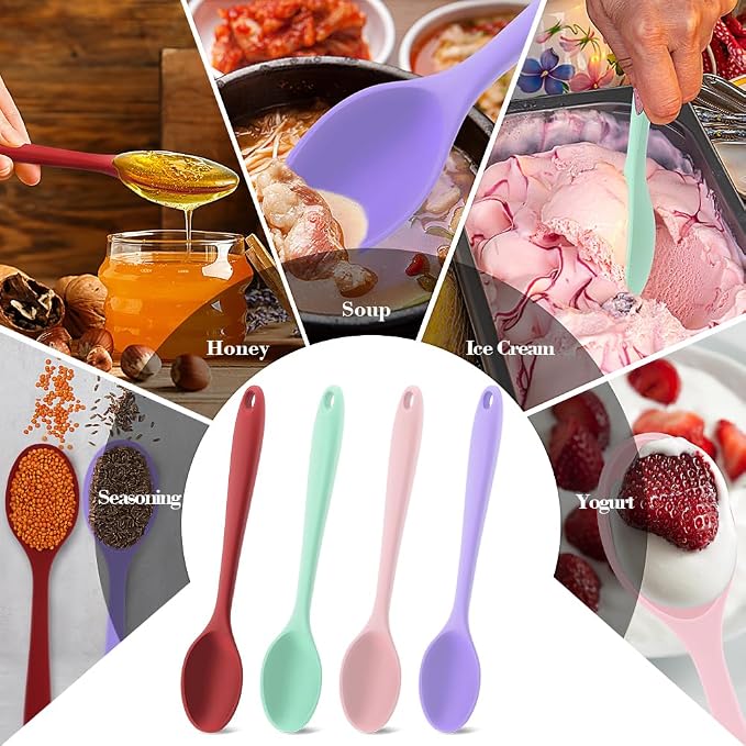 Silicone Spoons for Cooking, 4 Pcs Large Serving Spoon Heat Resistant Cooking Spoon Utensils Nonstick Mixing Kitchen Spoons for Baking Serving Mixing and Stirring Dishwasher Safe,Red,Pink,Green,Purple