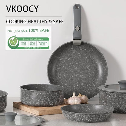 Vkoocy Gray Non Stick Pot and Pan Set with Removable Handle, Ceramic Cookware Set Detachable Handle, 5pcs Induction Kitchen Camping Stackable Pots Pans, Dishwasher/Oven Safe, PTFE/PFAS/PFOA Free