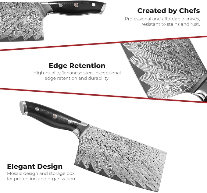 Master Maison Authentic 7.5" Damascus Cleaver Knife with Full-Tang Handle, Sheath, Sharpening Stone, Storage Box & Drying Cloth | AUS-10 Japanese Stainless Steel Professional Chef Butcher Knife Set