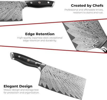 Master Maison Authentic 7.5" Damascus Cleaver Knife with Full-Tang Handle, Sheath, Sharpening Stone, Storage Box & Drying Cloth | AUS-10 Japanese Stainless Steel Professional Chef Butcher Knife Set