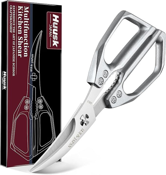 Huusk Seafood Scissors Silver - Stainless Steel Kitchen Shears Dishwasher Safe, Sharp Japanese-Style Kitchen Scissor for Crab, Shrimp, Lobster, Herbs and Food Prep, Gifts for Men Women