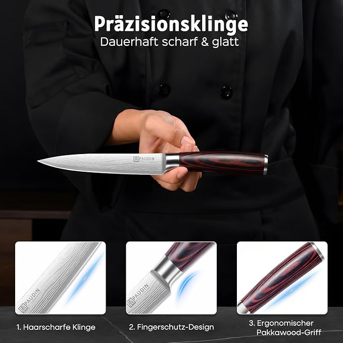 PAUDIN Utility Knife, 5 Inch Chef Knife, Ultra Sharp High Carbon Stainless Steel, Multipurpose Paring Knife for Fruit and Vegetable Cutting with Wooden Handle, Premium Gift Box