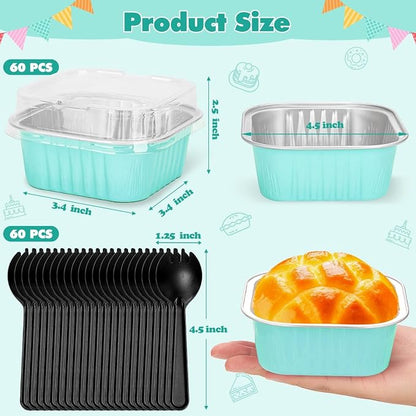 selizo 60 Pack 10oz Mini Disposable Cake Pans with Lids, Aluminum Foil Square Baking Cups, 4.4x4.4 Large Baking Cake Tins Cup Cake Containers with Lids for Thanksgiving Individual Cakes