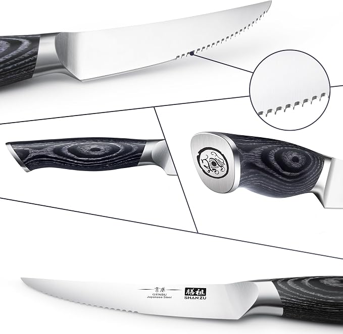 SHAN ZU 6 Pc Steak Knife Set, 4.5 Inch High Carbon Japanese Super Steel Steak Knives, Ultra Sharp Kitchen Steak Knife with K133 Ergonomic Handle, Black Tortoise Genbu Series