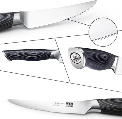 SHAN ZU 6 Pc Steak Knife Set, 4.5 Inch High Carbon Japanese Super Steel Steak Knives, Ultra Sharp Kitchen Steak Knife with K133 Ergonomic Handle, Black Tortoise Genbu Series