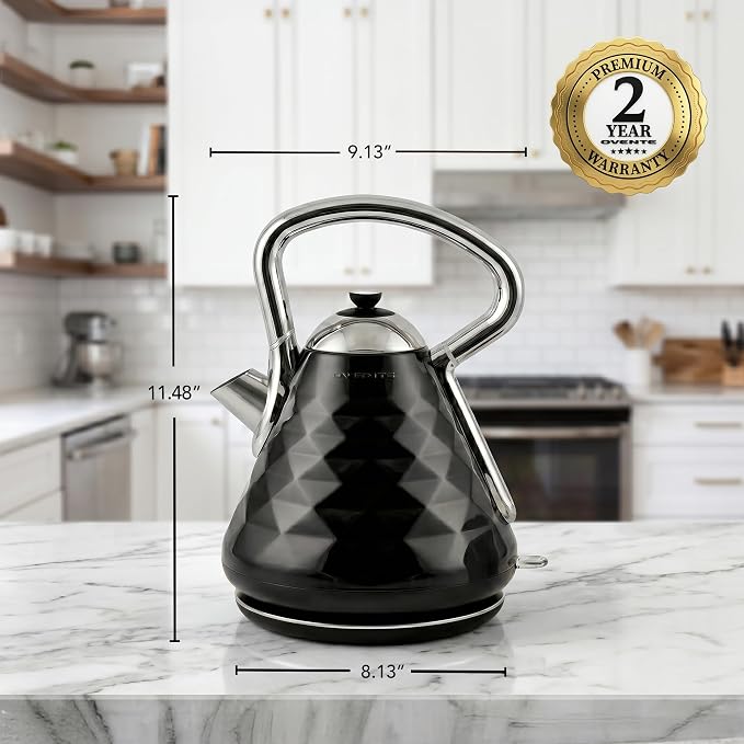 OVENTE Retro Electric Kettle, 1.7L Stainless Steel Tea Kettle, 1500W Fast Heating Hot Water Boiler with LED Indicator Light, Auto Shut-Off & Boil-Dry Protection, BPA-Free Teapot, Black KS755B