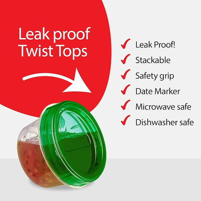 PLASTICPRO 12 Pack Twist Cap Food Storage Containers with Green Screw on Lid- 4 oz Reusable Meal Prep Containers - Small Freezer Containers Microwave Safe Green Plastic Food Storage