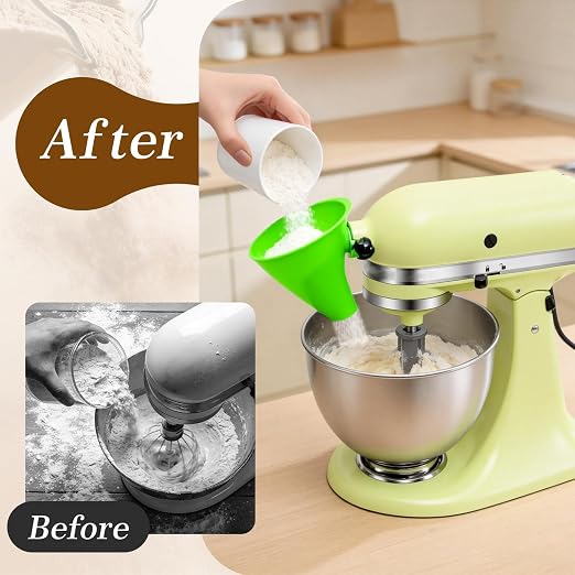 Green Mess-Free Funnel for Kitchen Aid Mixer, Kitchen Aid Attachment for 5 Qt Tilt-Head Models(KSM150), Flour Funnel for Easy Pour and Without Splashing, Easy Clean