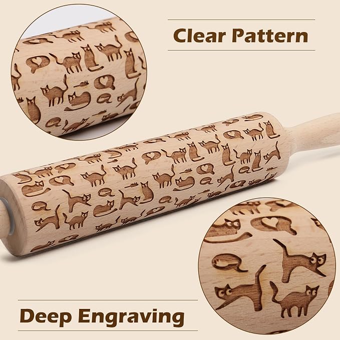 Embossed Rolling Pin for Baking Cookies Embossing Rolling Pins with Design Wooden Engraved Springerle Roller Pin Dough Animal Patterned Clay Pottery Ceramic Stamp Gifts Bakers Women (Cat & Heart)