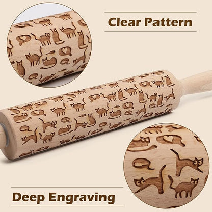 Embossed Rolling Pin for Baking Cookies Embossing Rolling Pins with Design Wooden Engraved Springerle Roller Pin Dough Animal Patterned Clay Pottery Ceramic Stamp Gifts Bakers Women (Cat & Heart)