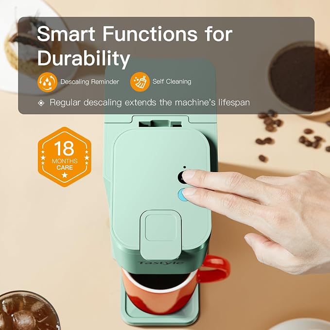 Tastyle Mini Hot and Iced Coffee Maker Single Serve, for K Cup and Ground, 6 to 14 Oz Brew Sizes, with Recipe Book, for Home, Travel, RV, Office and Dorm, Mint