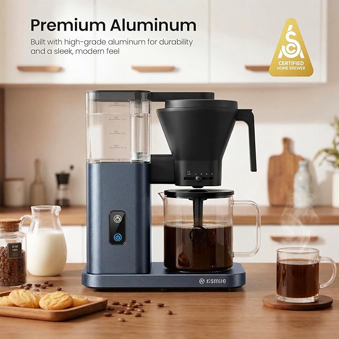 Kismile SCA-Certified 8 Cup Drip Coffee Maker, Pour Over Coffee Machine with 3s Instant Heat 197–205℉, Adjustable Flow Control, Removable Water Tank, Deep Cold Brew & 40 Min Keep Warm(Blue)