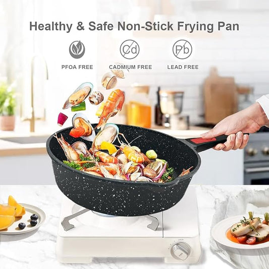 AIKENBBKK 12 Inch Deep Frying Pan Skillet Nonstick with Lid, 5 QT Saute Pan, Non Stick Frying Pan, Compatible with All Stovetops, Detachable Handle, Oven Safe, PFOA PFOS Free, Black