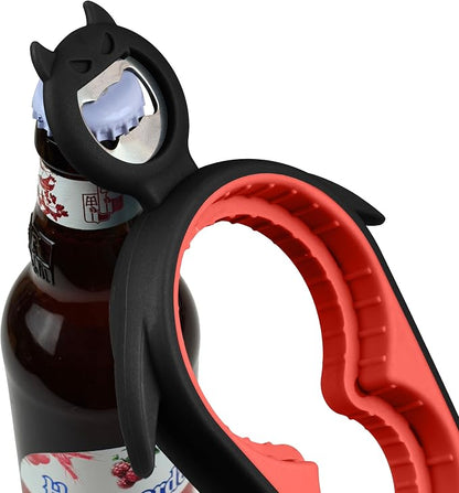 Jar Opener Bottle Opener for Arthritis, 5-in-1 Multifunctional Jar Opener, Easy Grip for Seniors and Weak Hands, Devil Shape Kitchen Gadget for Jar, Beer and Bottle (Black and Red)